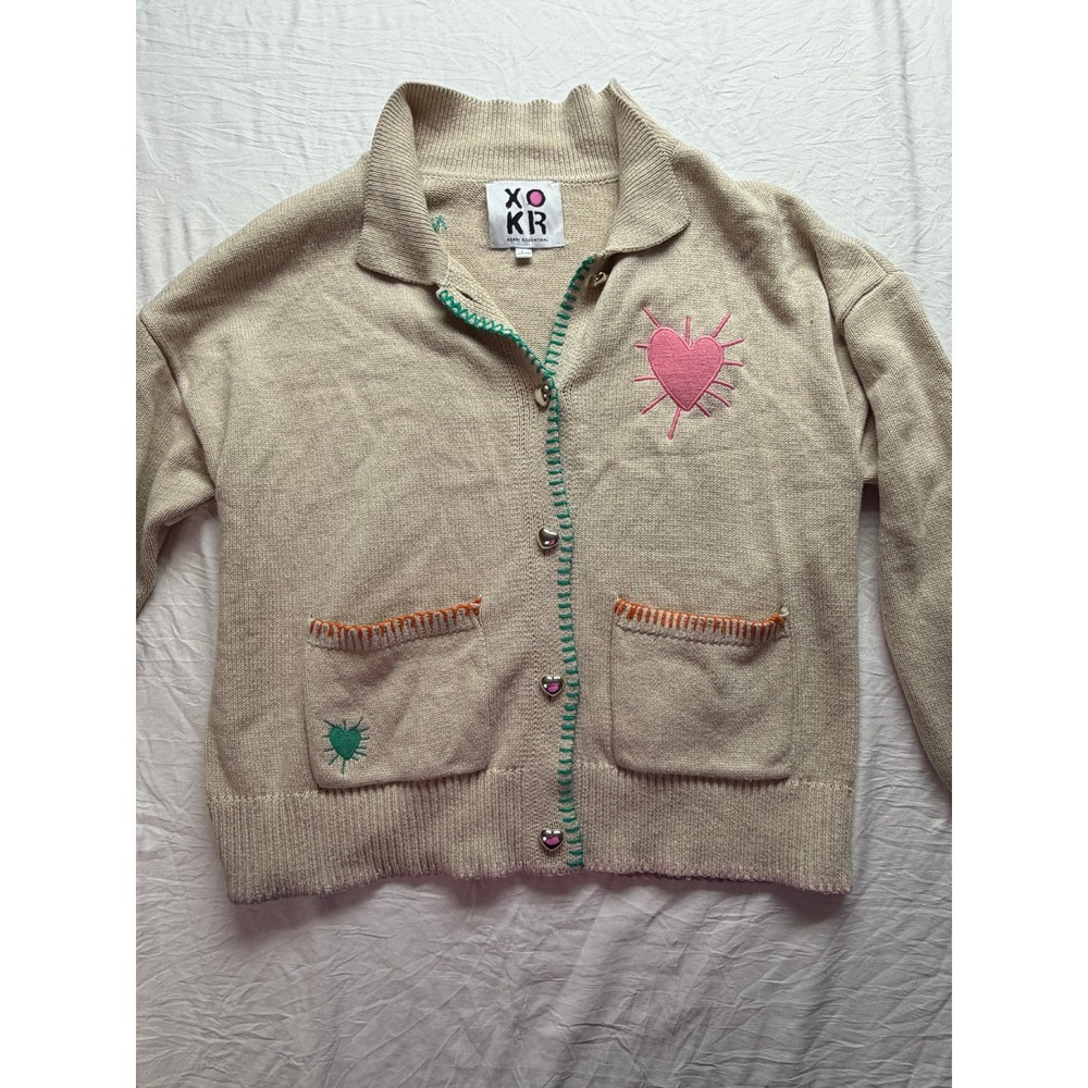 Kerri Rosenthal XO KR Heart Cardigan Sweater Beige Embroidered Smiley Face Large